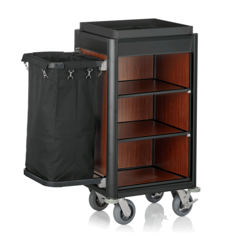 Zimmerservicewagen ISABELLA, 95 x 55 x 116 cm, schwarze Kanten, dunkle Holzoptik, Aluminium, MDF, Polyesterfaserstoff