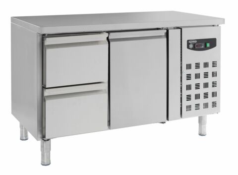 Kühltisch mit Tür und 2 Schubladen, 1360x700x850mm - GN 1/1