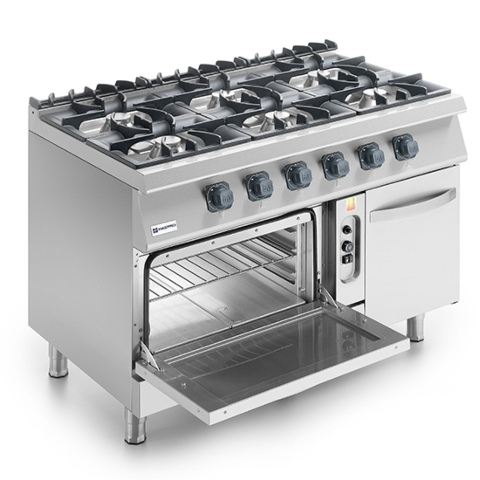 MASTRO Gasherd auf statischem Gasofen GN 2/1, 6 Brenner 45kW Gas geöffnet