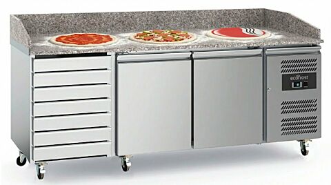 ecoFrost Edelstahl Pizzatisch 2 Türen und 7 Schubladen