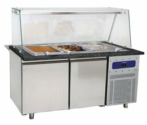 MASTRO Bainmarie Theke mit 2 Türen und Glasstruktur, 4x GN 1/1 H=100 mm, Bautiefe 800/930 mm