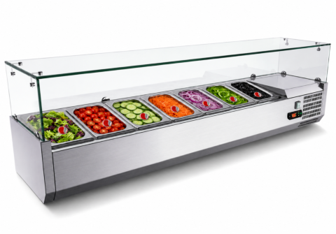 Kühlaufsatzvitrine für 7x GN 1/4, Breite 1600x340 mm, mit Glasaufsatz