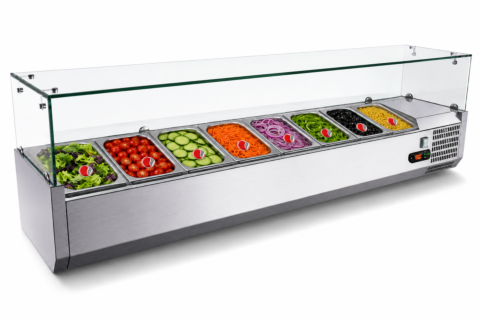 Kühlaufsatzvitrine für 8x GN 1/4, Breite 1800x340 mm, mit Glasaufsatz