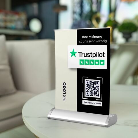 Trustpilot Mini-Roll-Up Tischaufsteller ELEGANCE mit QR-Code+Logo