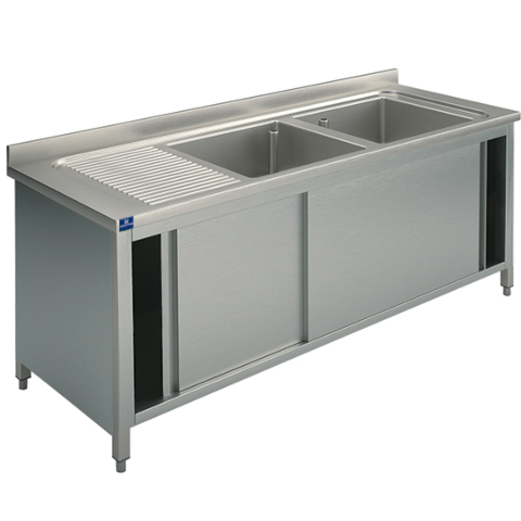 MASTRO Spülschrank, 2 Becken, Tropftasse links, mit Schiebetüren, 1600x700 mm