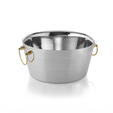 Champagnerkühler, mit Messinggriffen, Ø 34 cm, Höhe 17 cm, doppelwandig, gehämmerte Oberfläche, Chromnickelstahl, Messing