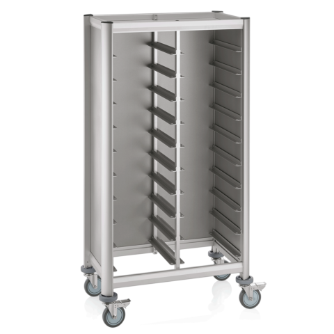 Tablettwagen Trolley Mensa, für 2x10 Tabletts,silber, 86 x 51 x 165 cm, MDF Holzoptik/Alu-Gastro-Germany