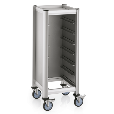 Tablettwagen Trolley Mensa, für 7 Tabletts,silber, 51,5 x 47,5 x 125 cm, MDF Holzoptik/Alu-Gastro-Germany