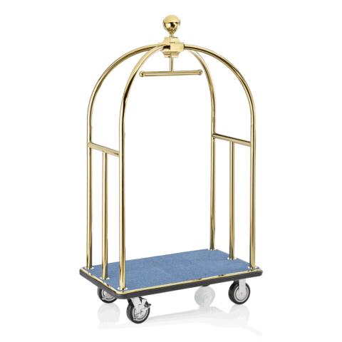 Gepäckwagen UNITY, 112 x 60 x 185 cm, goldfarben, blauer Teppich, Edelstahl