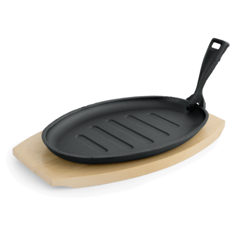 Servierpfanne Cast Iron 35 mit Holzuntersetzer,27 x 17,5 x 2 cm, Gusseisen/Holz-Gastro-Germany