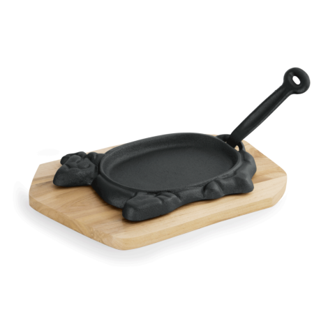Servierpfanne IRON DINING, mit Holzuntersetzer, 27 x 16 x 2 cm, Motiv Rind, Gusseisen, Holz