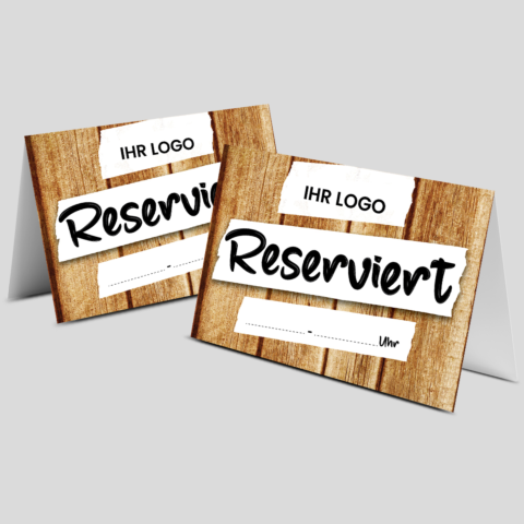 Reserviert-Tischschild Wood-Motiv mit Uhrzeit-Feld & Logo (250 Stk.)