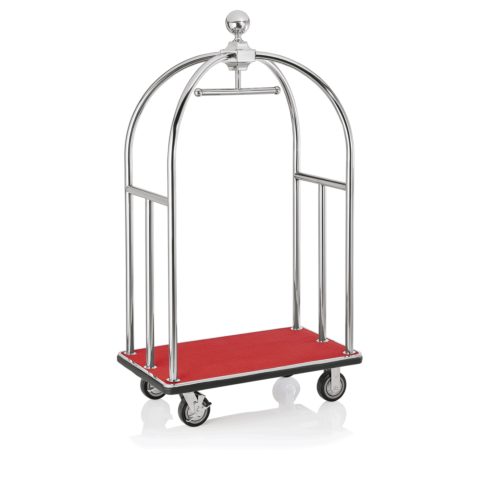 Gepäckwagen UNITY, 112 x 60 x 185 cm, silberfarben, roter Teppich, Edelstahl