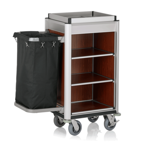 Zimmerservicewagen ISABELLA, 95 x 55 x 116 cm, helle Kanten, dunkle Holzoptik, Aluminium, MDF, Polyesterfaserstoff