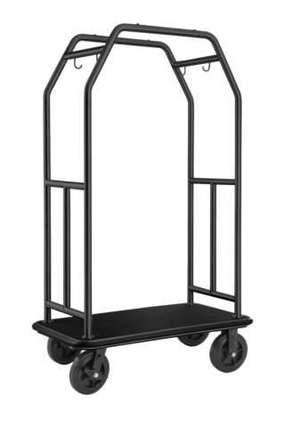 Gepäckwagen TRAVELLER, 112 x 60 x 185 cm, schwarz, pulverbeschichtet, schwarzer Teppich, Chromnickelstahl 18/8