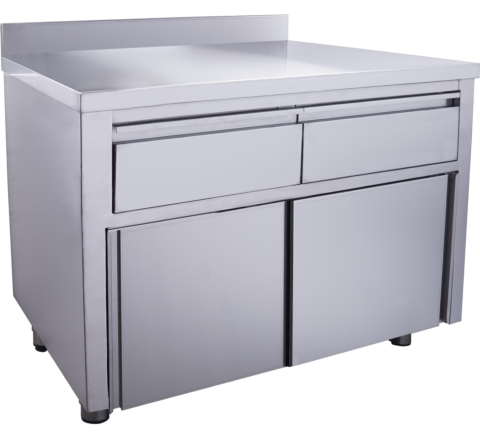 SARO Edelstahl Arbeitsschrank, Schiebtüren, 2 Schubladen 1200x700x850mm