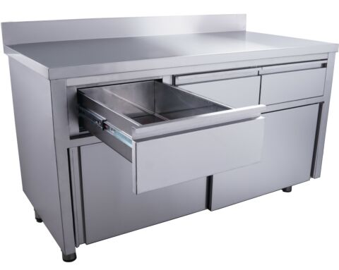 SARO Edelstahl Arbeitsschrank, Schiebtüren, 3 Schubladen 1400x700x850mm