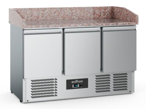 ecoFrost Edelstahl Pizzatisch 3 Türen, Granitarbeitsplatte. 1400x700x1020mm