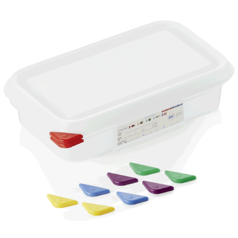 GN Behälter Set GN 86 1/4-065 mm, mit Deckel, mit rotem Clip, Set á 6 Stück, Polypropylen