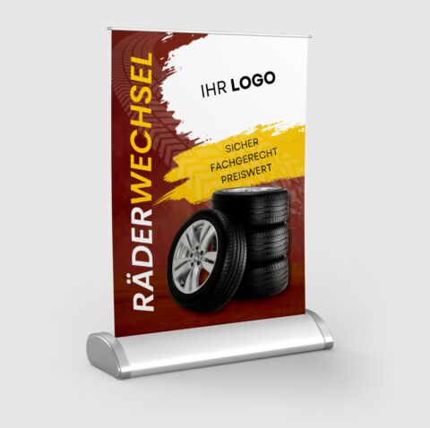 Mini-Roll-Up Aufsteller GNE555 für Räderwechsel mit Logo