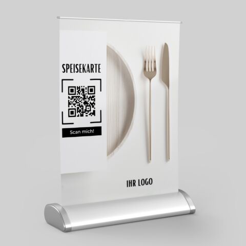  Mini-Roll-Up QR-Code Speisekarte VRM100 mit Logo DIN-A4