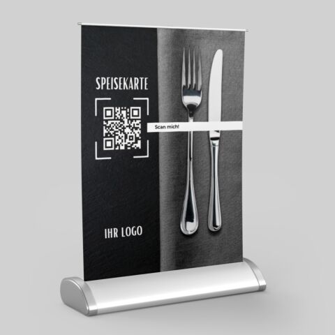  Mini-Roll-Up QR-Code Speisekarte VRM300 mit Logo DIN-A4