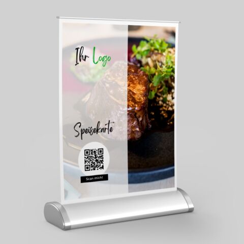 Mini-Roll-Up QR-Code Speisekarte VRM400 mit Logo DIN-A4