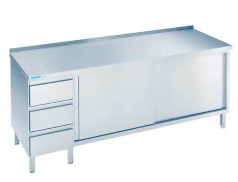 Arbeitsschrank mit Schiebetüren und Schubladen Links, 1400x600x850/900mm