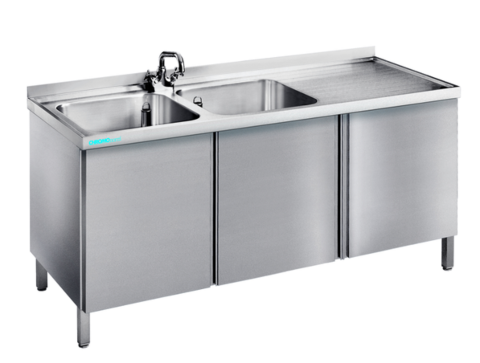 Spültisch mit 2 Becken Links und Flügeltüren, 1500x600x850/900mm