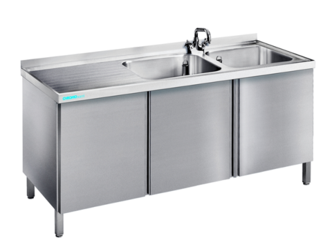 Spültisch mit 2 Becken Rechts und Flügeltüren, 1500x600x850/900mm