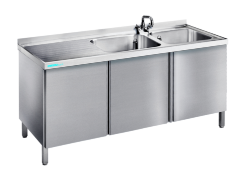 Spültisch mit 2 Becken Rechts und Flügeltüren, 1600x700x850/900mm