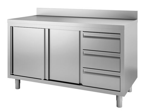 Edelstahl Arbeitsschrank, Schiebetüren, 3 Schubladen, Aufkantung, 1400x600x880mm