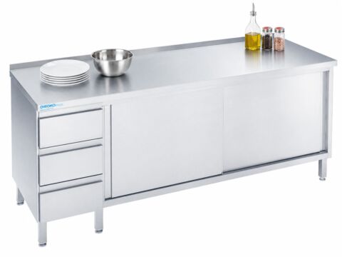 Arbeitsschrank mit Schiebetüren und Schubladen Links, 1400x600x850/900mm