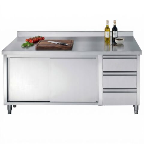 Arbeitstisch 700 mm mit Schiebetüren, Schubladen & Aufkantung 1600 mm