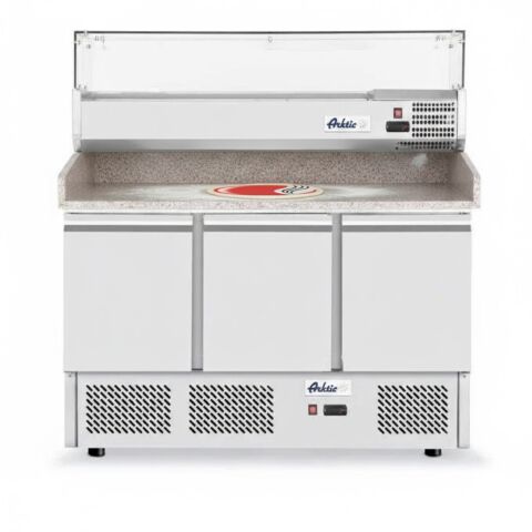 Arktic Pizzatisch dreitürig mit Aufsatzkühlvitrine 380+40 L Granitarbeitsplatte, Edelstahl 1400 mm, 400 W