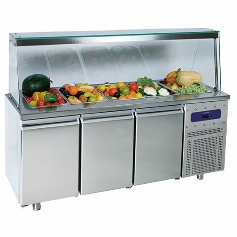 Saladette mit 3 Türen GN 1/1 und Glasstruktur, 5x GN 1/1, -2 °C/+8 °C