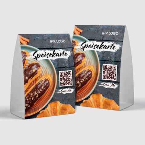 QR-Aufsteller „Café Speisekarte Silver“ mit Logo (100 Stk.)