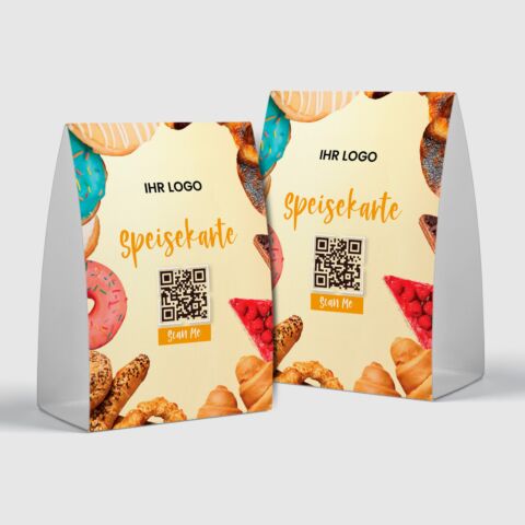 QR-Aufsteller „Café Speisekarte Yellow“ mit Logo (100 Stk.)