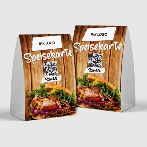 QR-Aufsteller „Döner Kebap Speisekarte Wood“ mit Logo (100 Stk.)