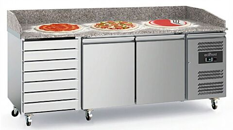 ecoFrost Edelstahl Pizzatisch 2 Türen und 7 Schubladen