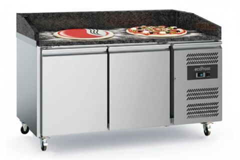 ecoFrost Edelstahl Pizzatisch 2 Türen schwarze Granitplatte, mit Räder