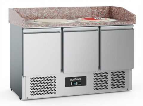 ecoFrost Edelstahl Pizzatisch 3 Türen, Granitarbeitsplatte. 1400x700x1020mm