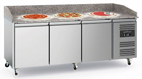 ecoFrost Edelstahl Pizzatisch 3 Türen mit Rädersatz