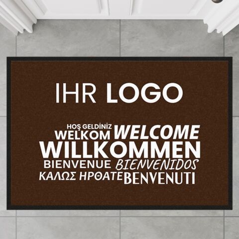 Fussmatte Willkommen braun mehrsprachig mit Logo, 80×120 cm