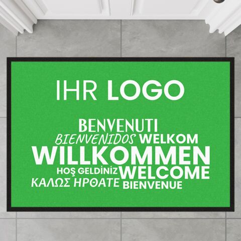 Fussmatte Willkommen grün mehrsprachig mit Logo, 80×120 cm