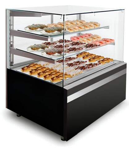 IGLOO Kuchentheke Kuchenvitrine GASTROLINE CUBE 0.9W Schwarz, 910x835x1250 mm gefüllt