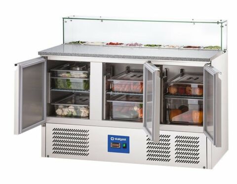 Starline Pizzatisch mit Kühlaufsatz und Glasabdeckung, 3-türig, 8x GN 1/6