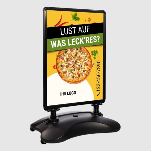 Kundenstopper SNE600 für Pizzeria mit A1-Plakat & Logo