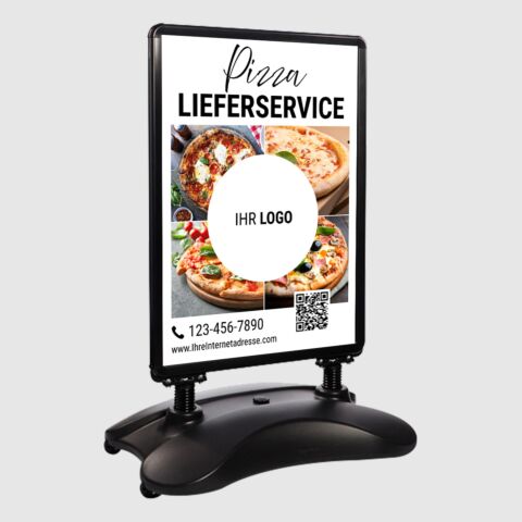 Kundenstopper SNE605 für Pizza-Lieferservice mit A1-Plakat QR-Code & Logo
