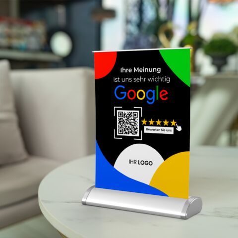 Mini-Roll-Up DIN A4 für Google-Bewertungen black mit QR-Code + Logo